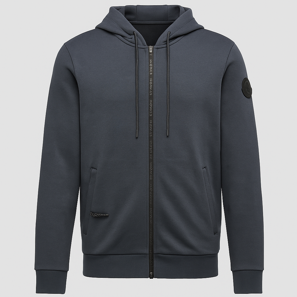 Dark Blue Zip-Up Hoodie with Logo Patch