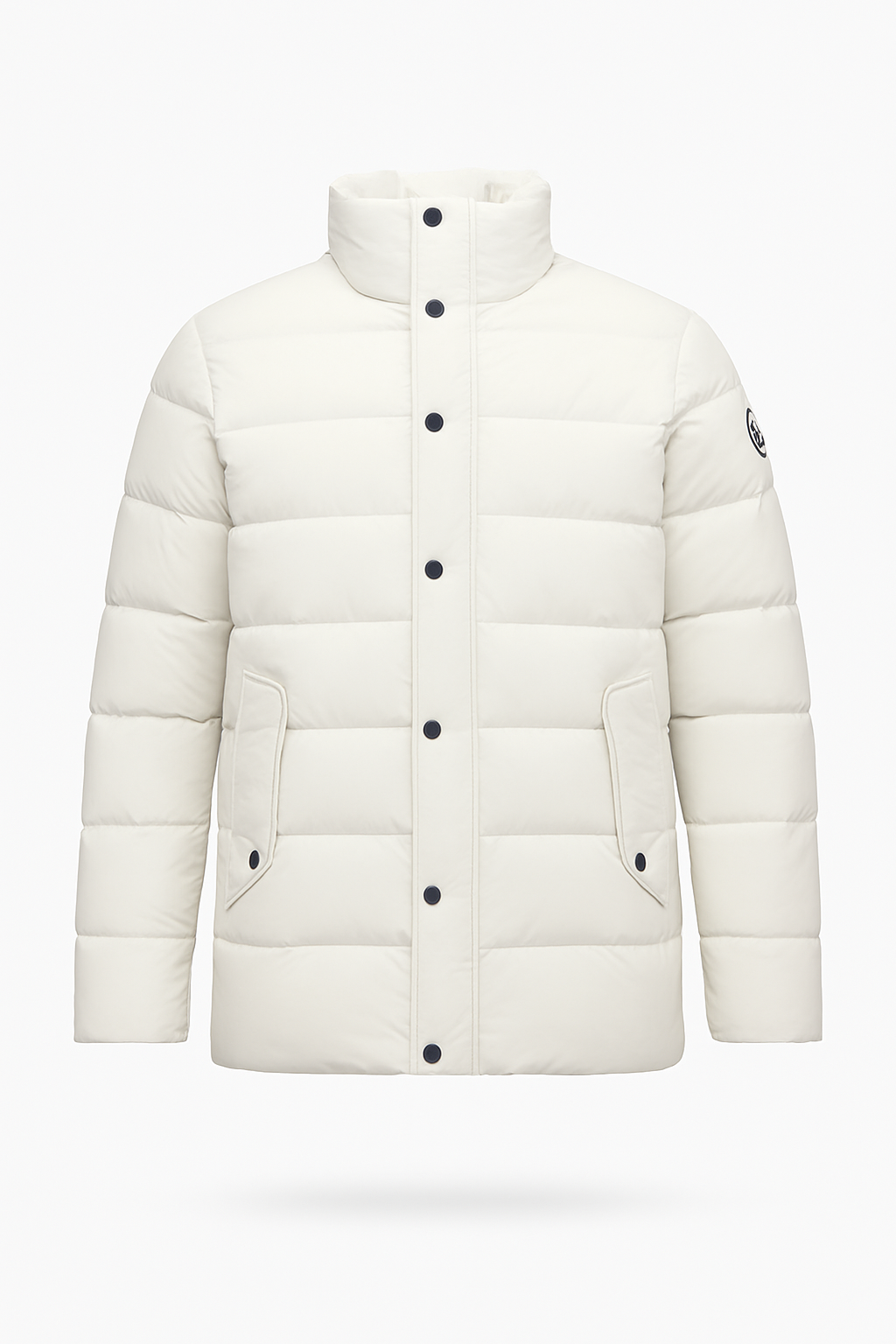 White puffer jacket with black buttons 
